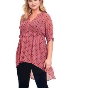 Torrid Size 3 Chiffon Hi-Low Tunic Top with Mauve and Black Polka Dots